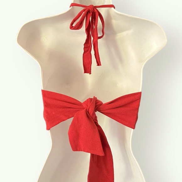 New Ralph Lauren Classic Upcycled Reworked Halter XS / S Red Tie-Neck Crop Tank - Picture 2 of 5